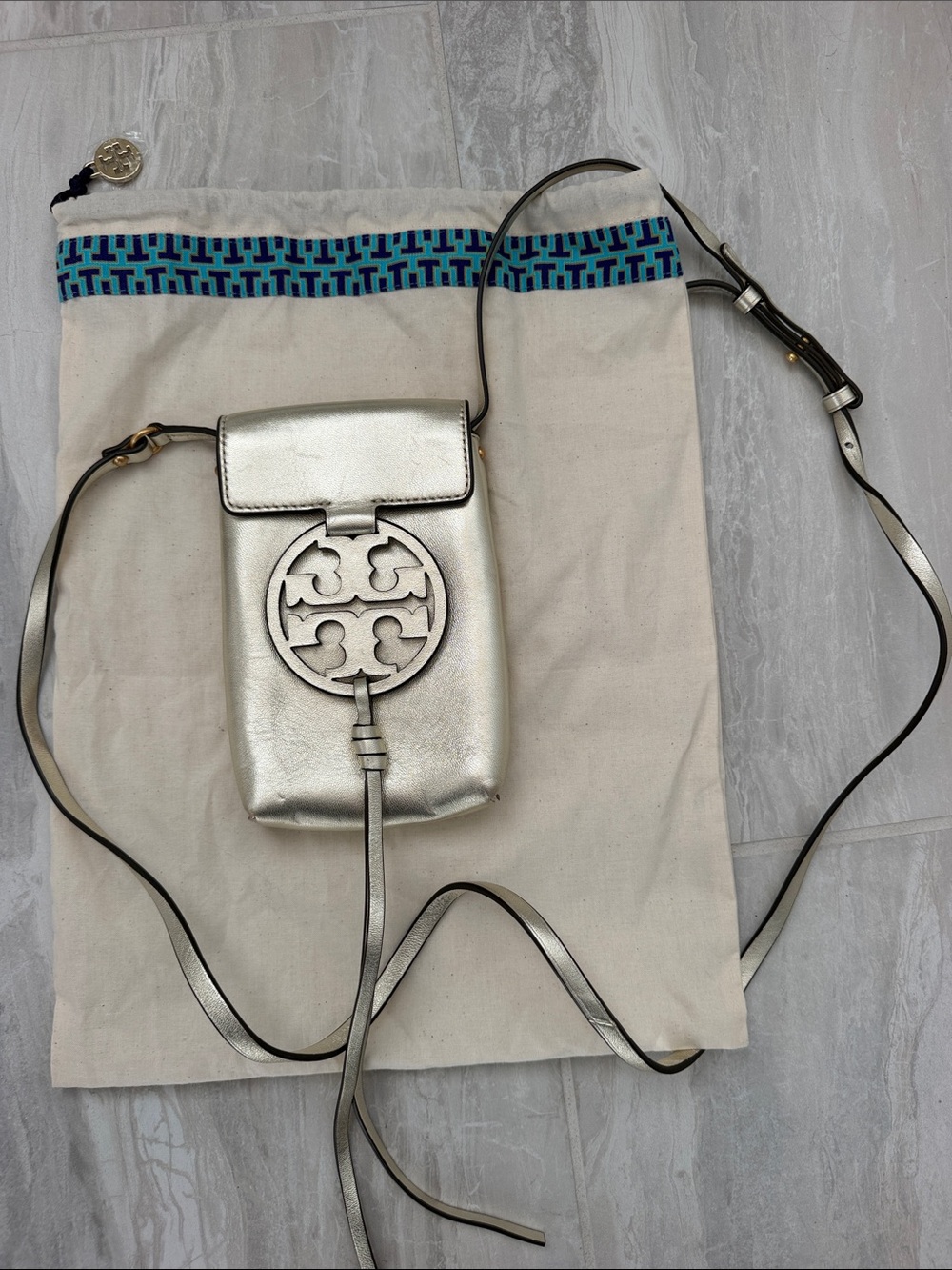 Tory Burch Metallic Gold Miller Phone Crossbody with Logo Medallion